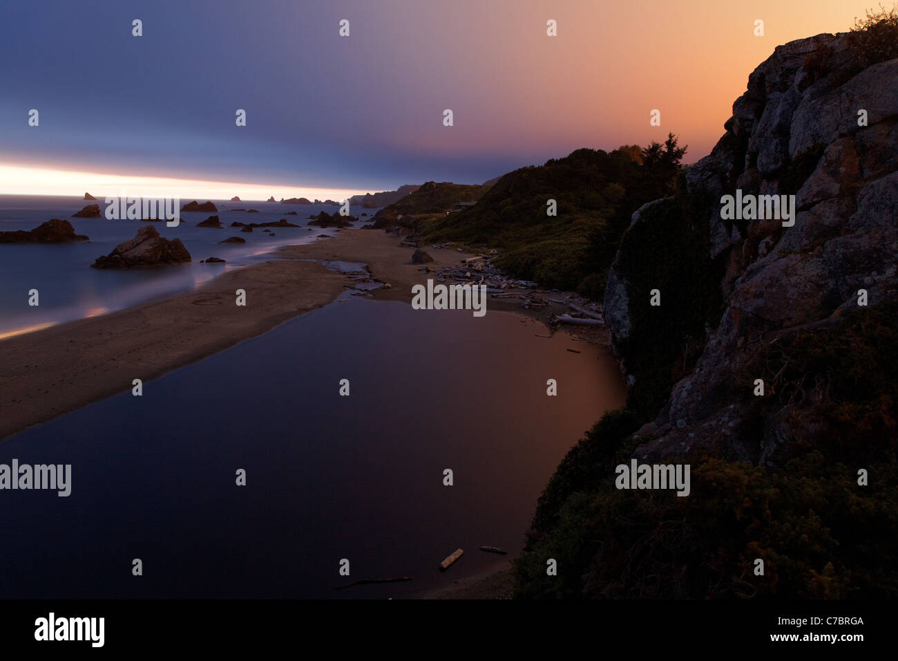 Harris Beach at dusk, Harris Beach State Park, Brookings, Oregon, USA, North America Stock Photo