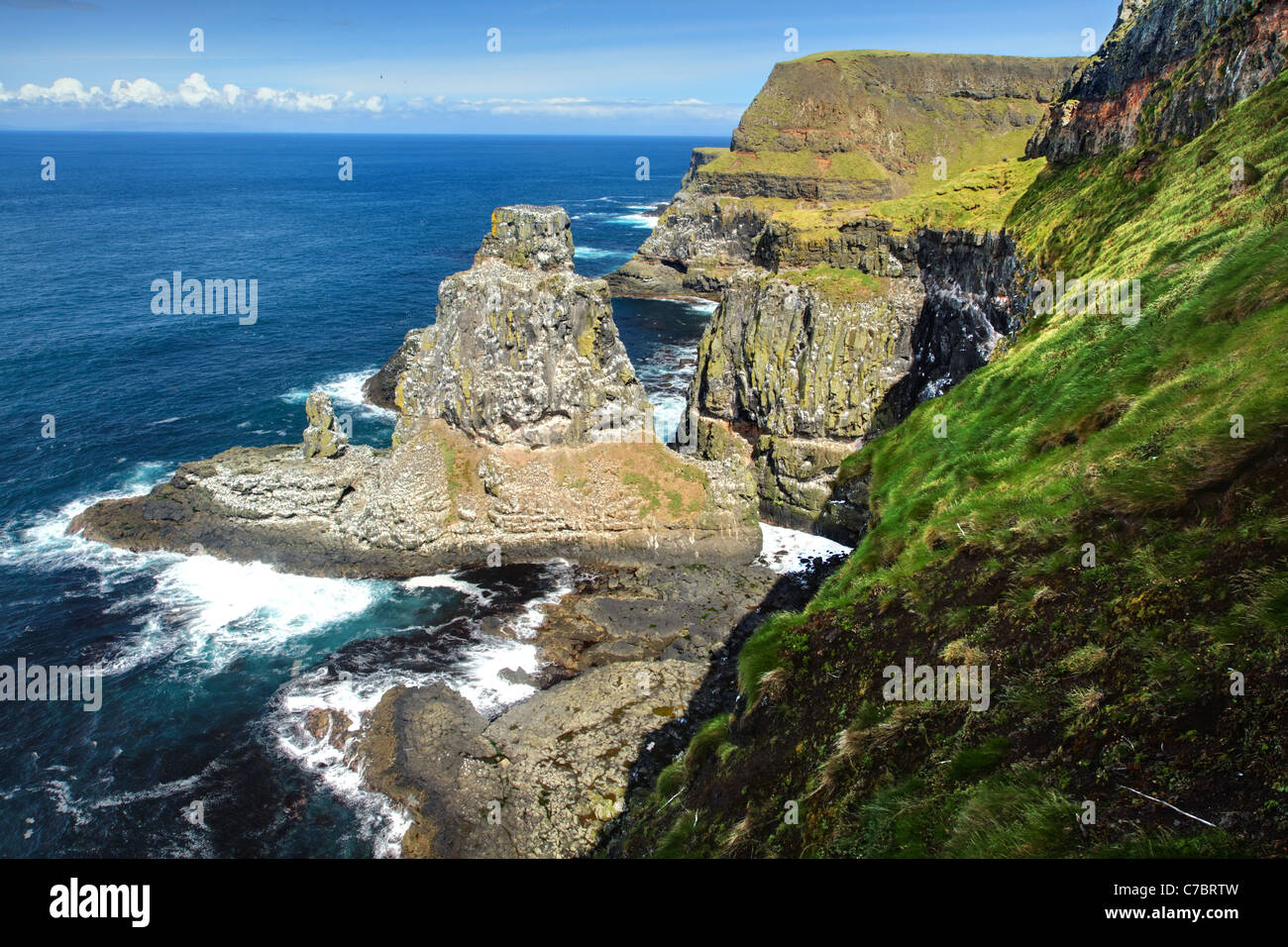 Coastal cliffs at Rathlin Island Seabird Centre, County Antrim, Northern Ireland, United Kingdon Stock Photo
