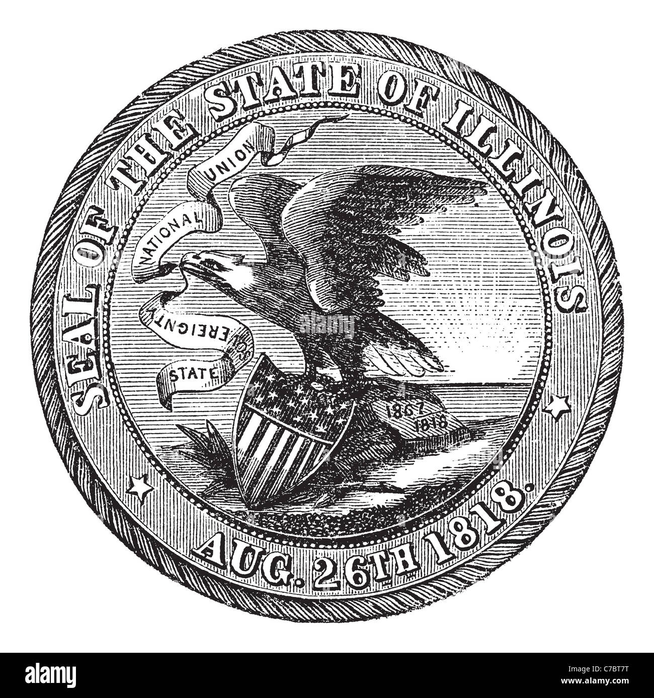 Great Seal of the State of Illinois , USA, vintage engraving. Old