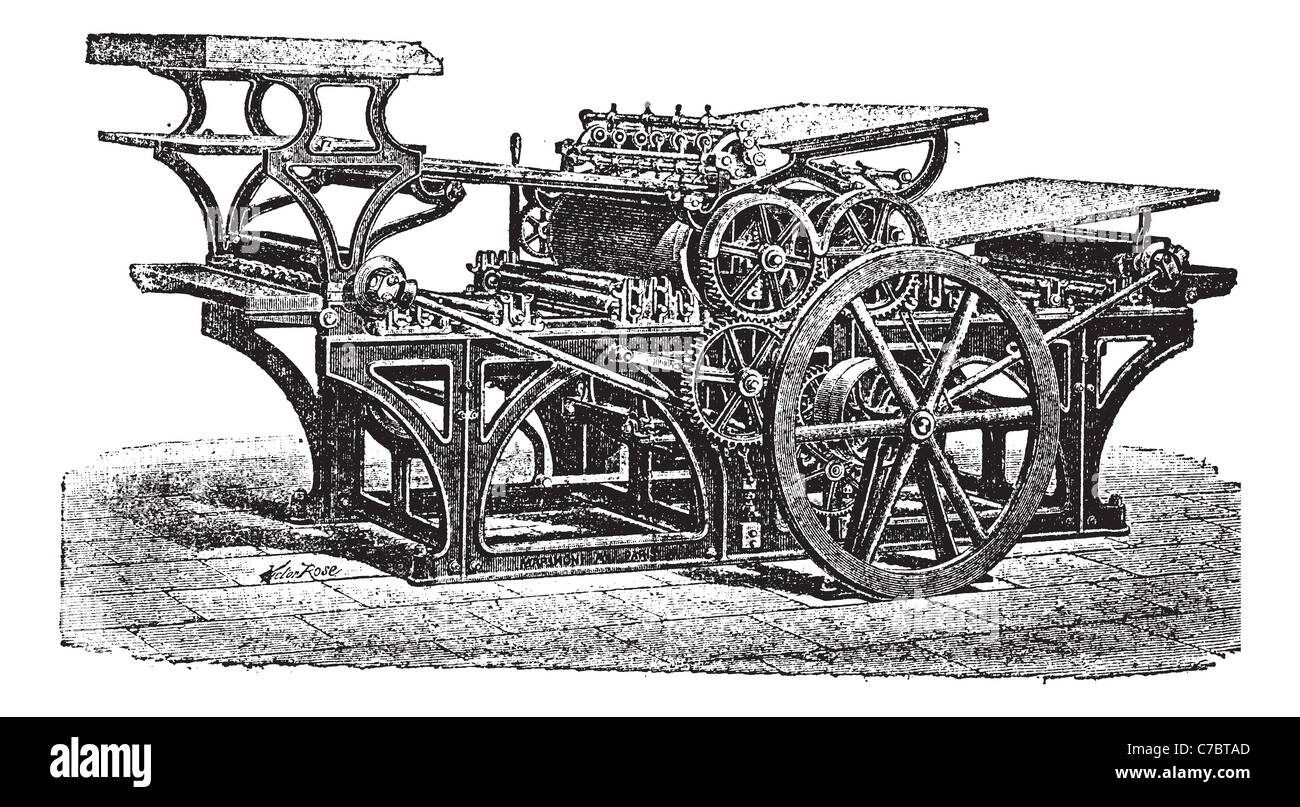Marinoni double printing press, vintage engraving. Old engraved
