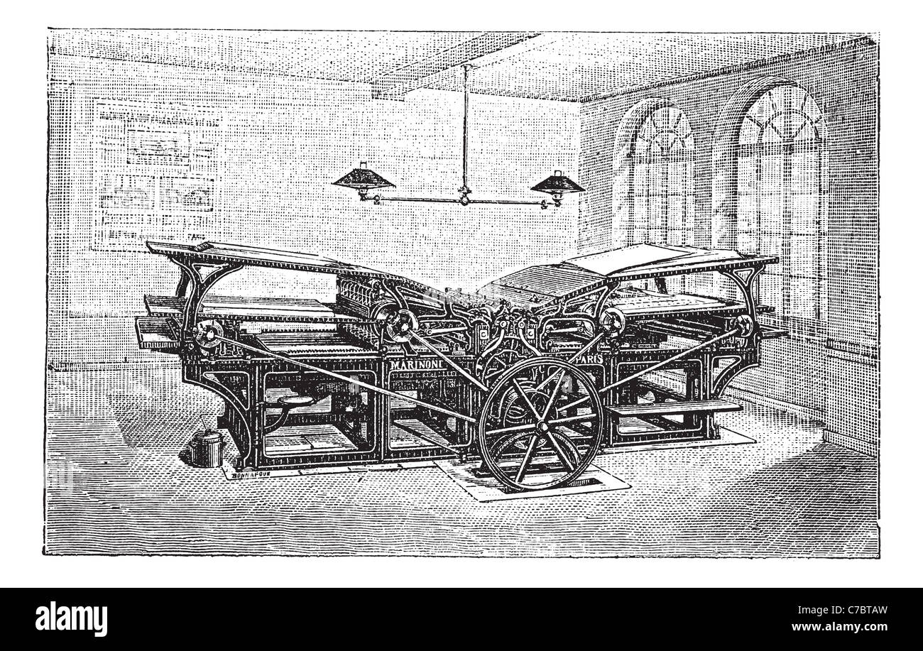 Marinoni double printing press, vintage engraving. Old engraved illustration of Marinoni double printing press in the factory. Stock Photo