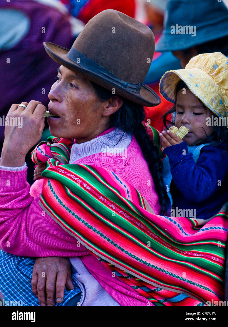 Peruvian woman with here child in a market in Cusco Peru Stock Photo