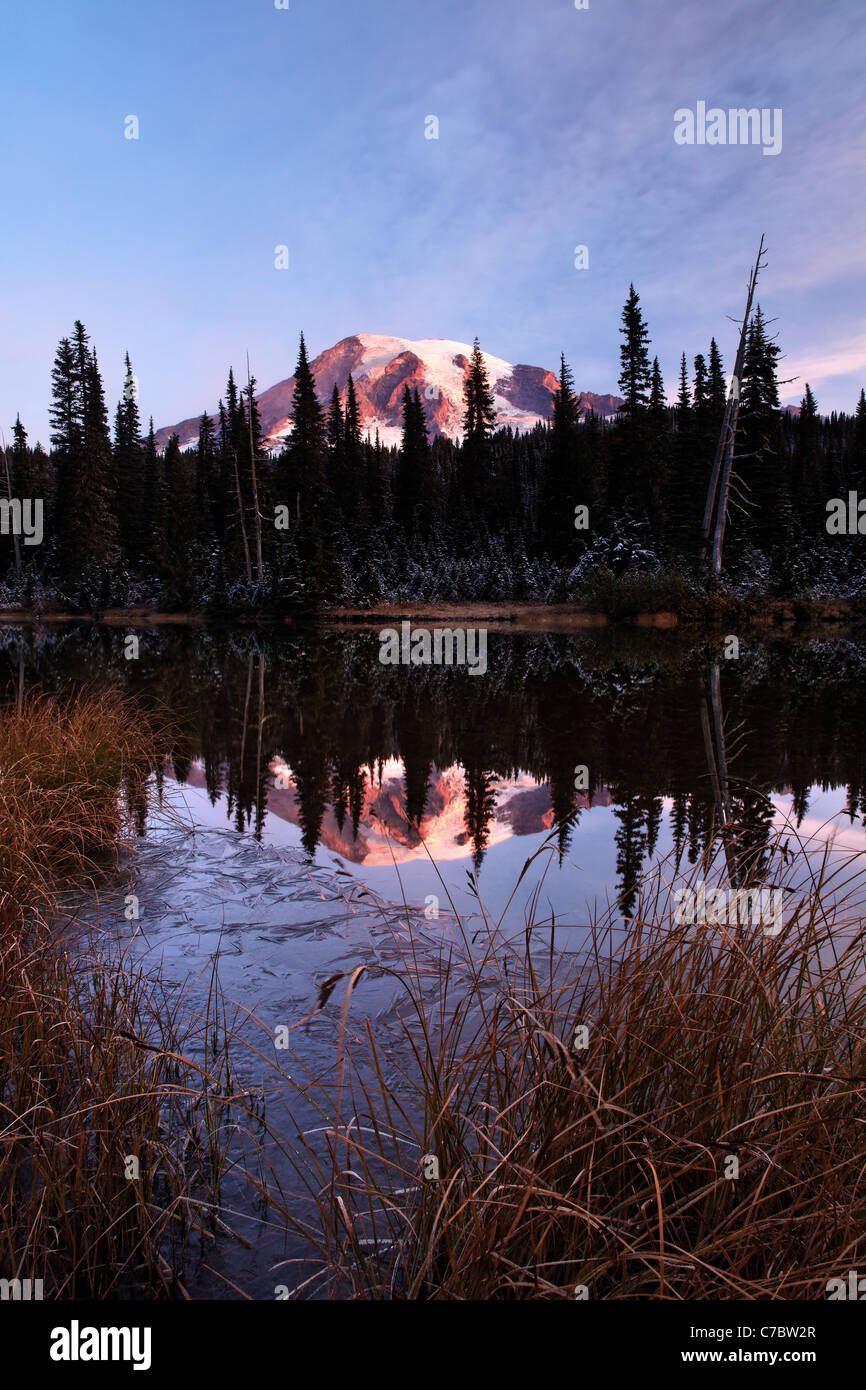 Mount Rainier reflected in Reflection Lakes, Mount Rainier National Park, Washington, USA Stock Photo