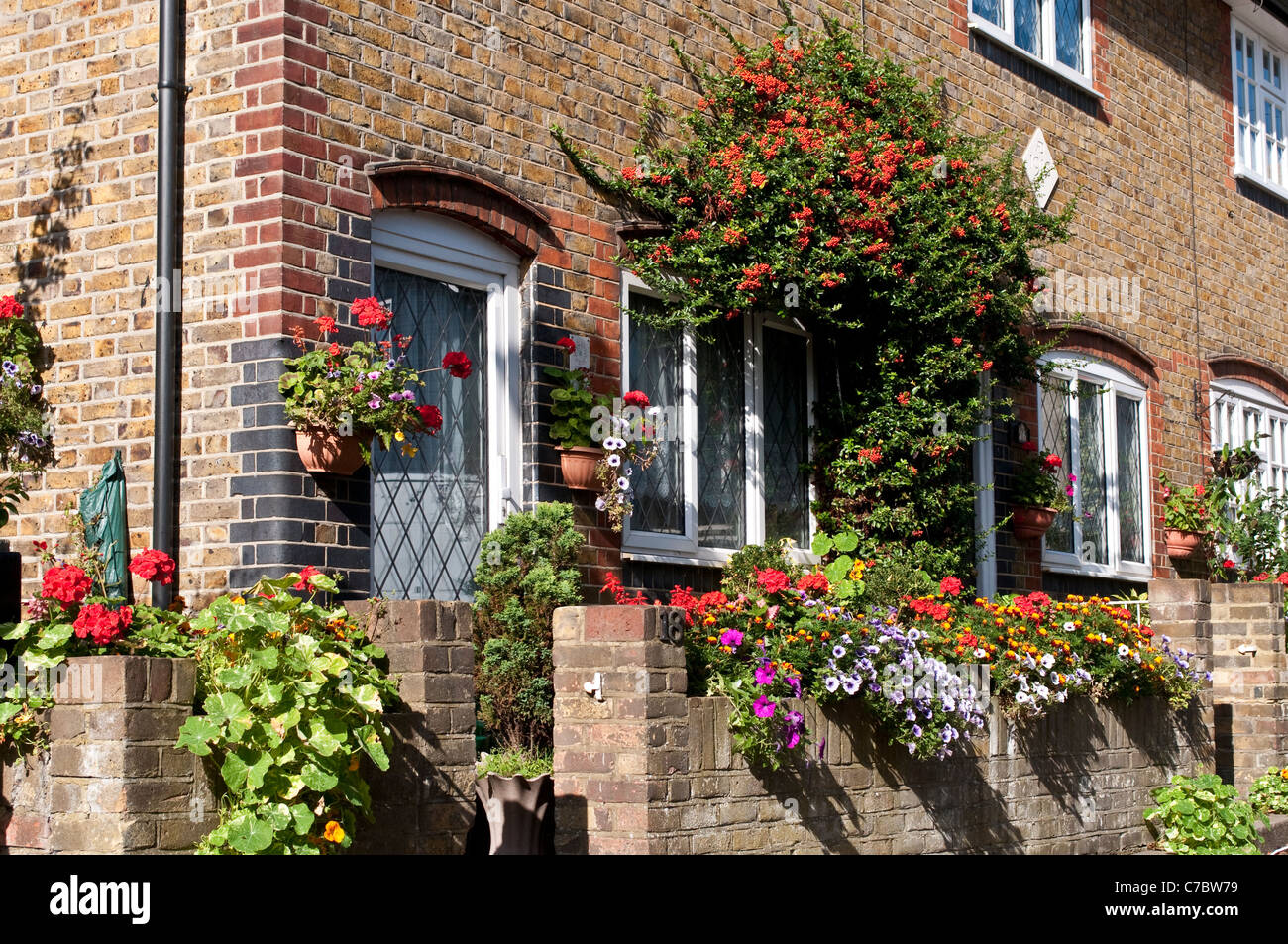 Redbrick house with lots of flowers, Twickenham, Middlesex, England, United Kingdom Stock Photo
