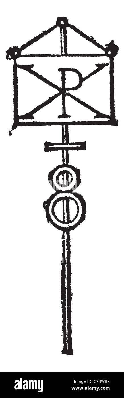 Labarum or Chi-Rho symbol for Christ vintage engraving. Old engraved illustration of Chi-Rho symbol for Christ isolated on white Stock Photo