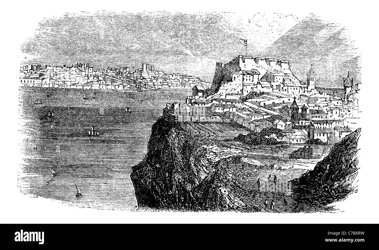 Lisbon, view from the south bank of the Tagus, vintage engraved illustration. Trousset encyclopedia (1886 - 1891). Stock Photo
