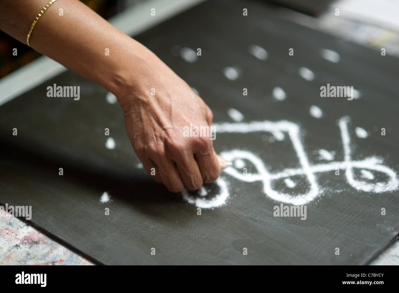 Hand doing a Kolam drawing Stock Photo Alamy