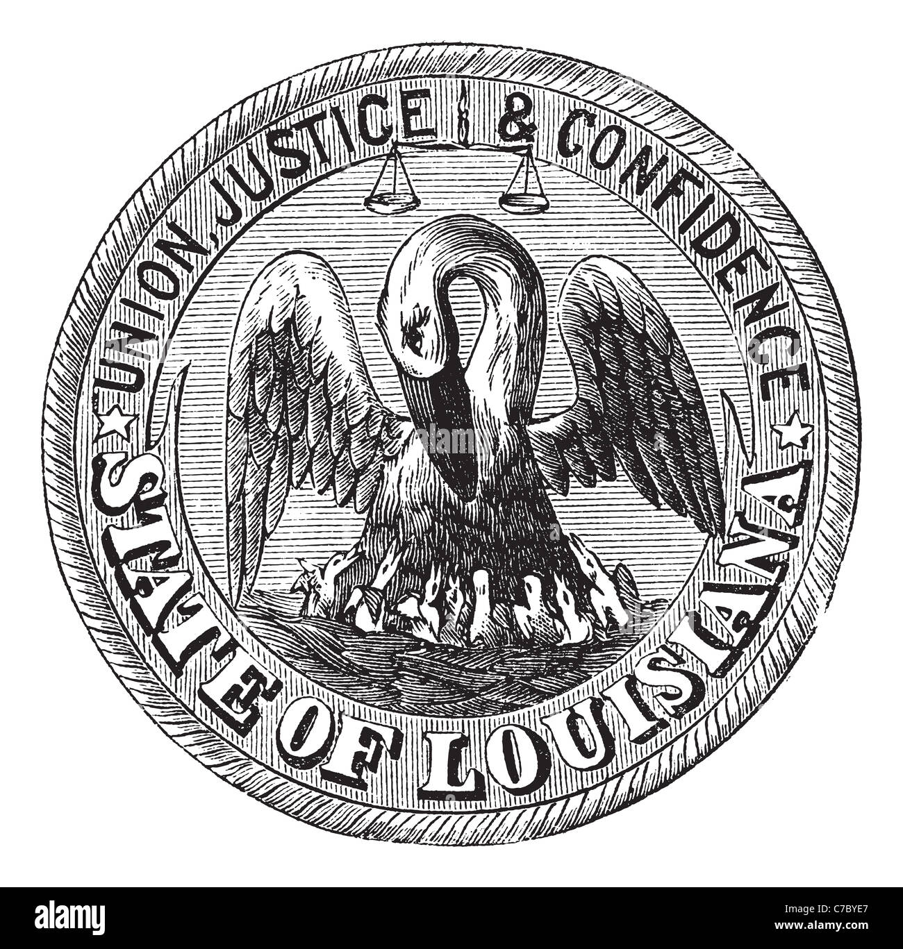 Great Seal of the State of Louisiana, USA, vintage engraving. Old engraved illustration of Great Seal of the State of Louisiana Stock Photo