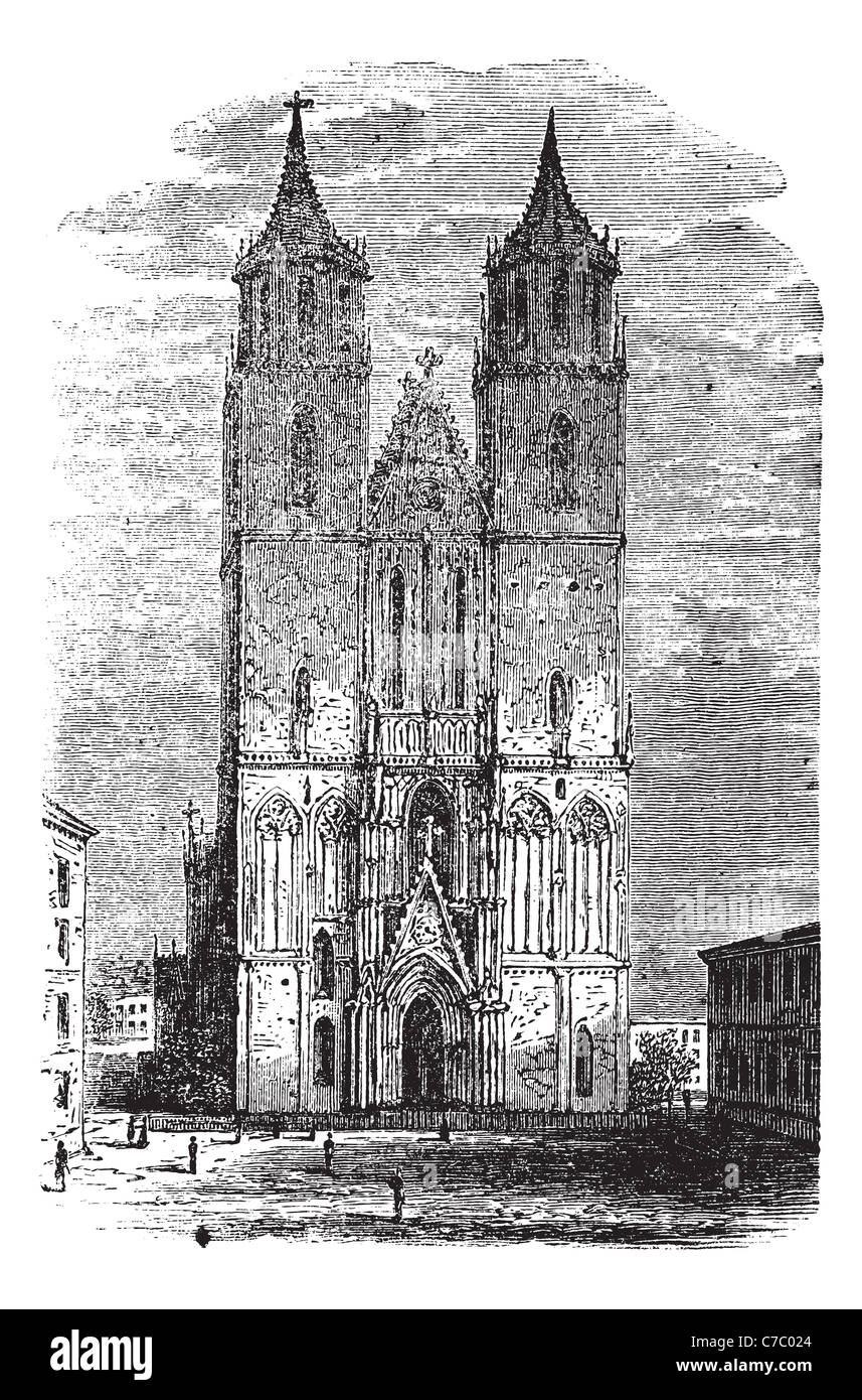 Cathedral of Magdeburg or Cathedral of Saints Catherine and Maurice in Germany, during the 1890s, vintage engraving. Stock Photo