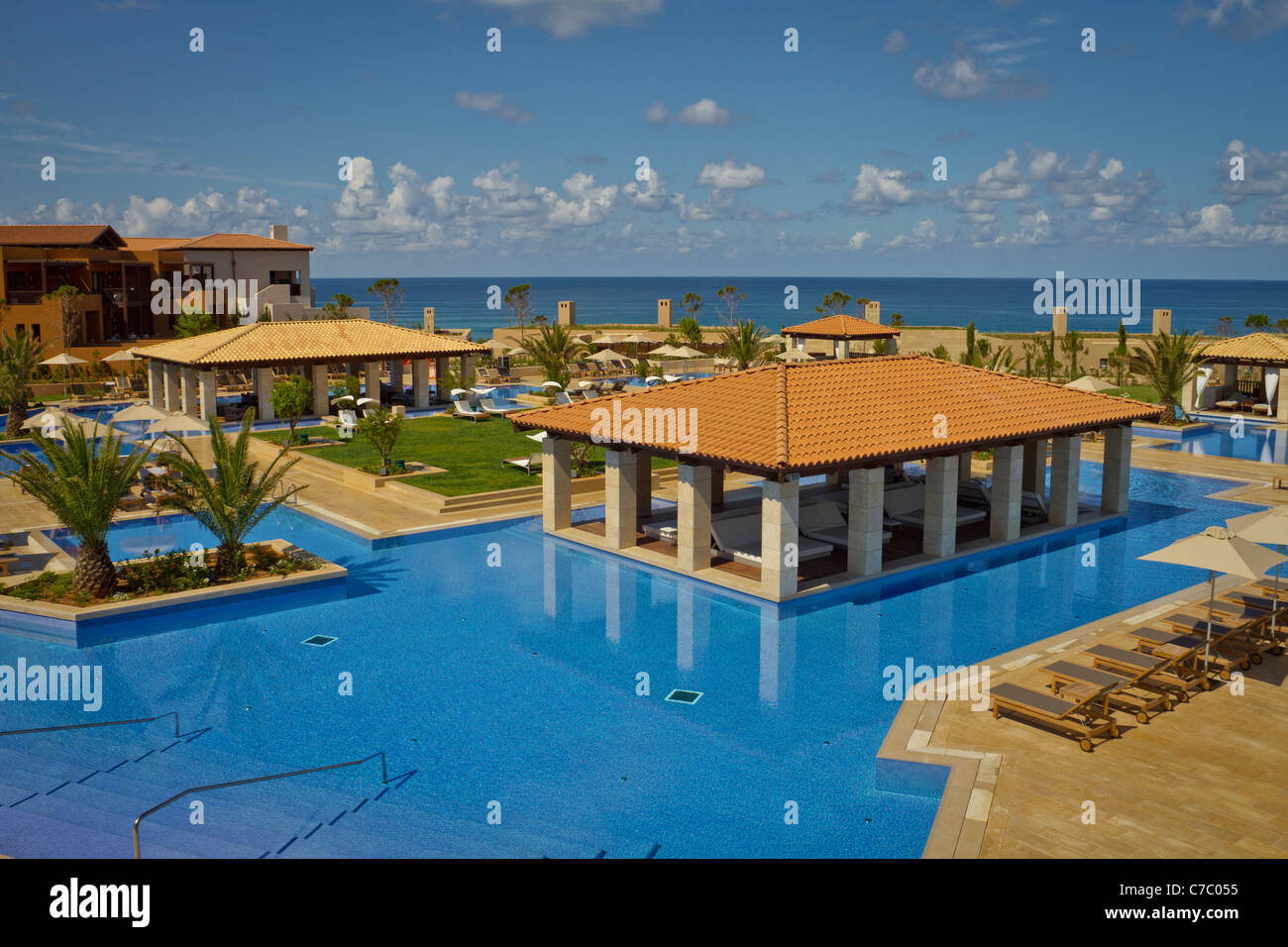 Navarino Dunes resort, swimming pool area, Messinia, Greece Stock Photo