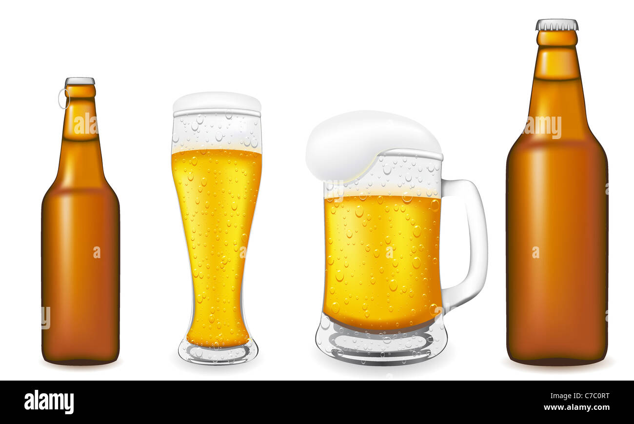 beer in glass and bottle illustration isolated on white background