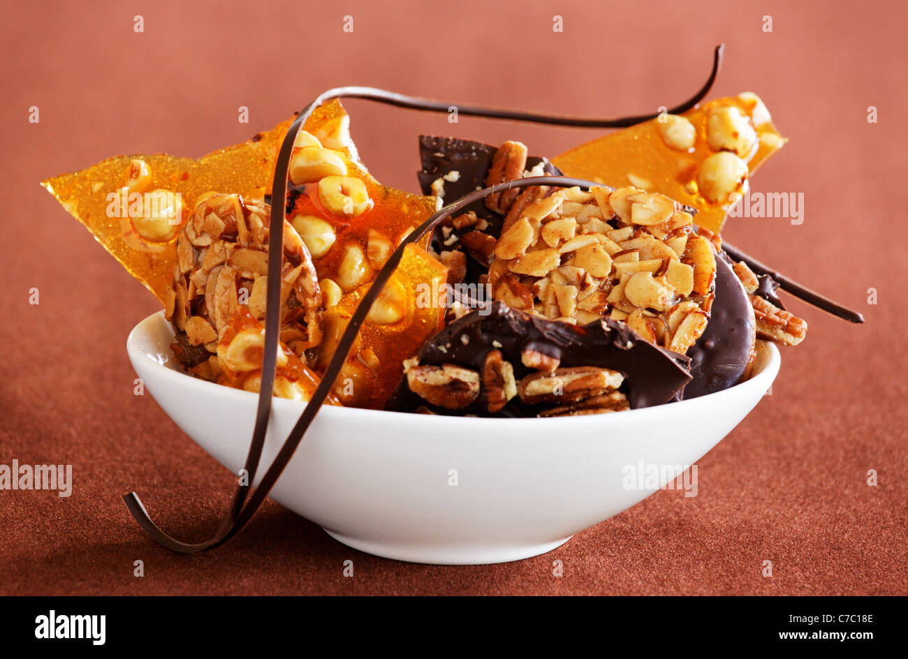 Hazelnut brittle, almond Florentines and chocolate pecan bark with