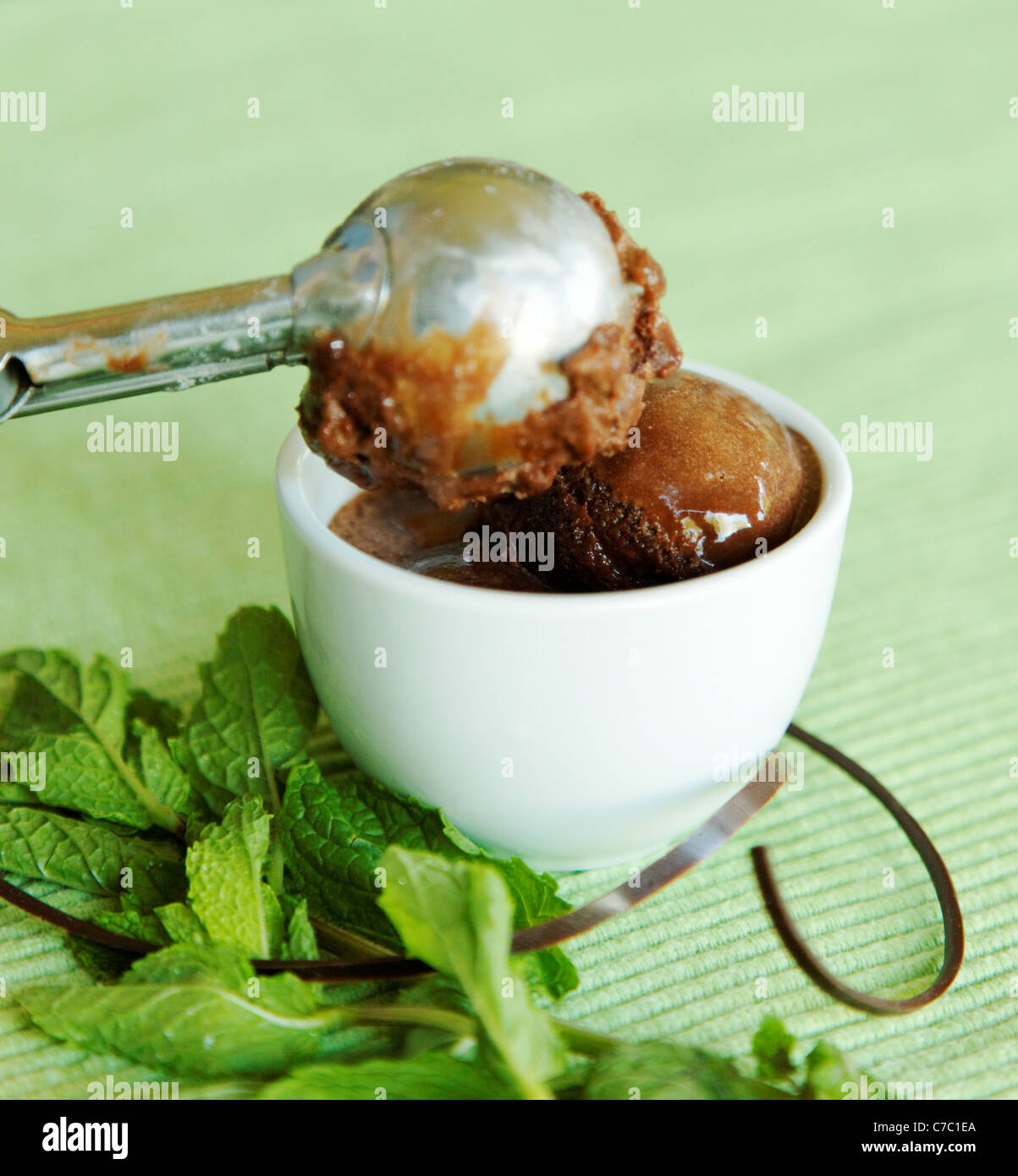 Chocolate and fresh mint sorbet being served into white bowl, by pastry chef Laurie Pfalzer, Pastry Craft Stock Photo