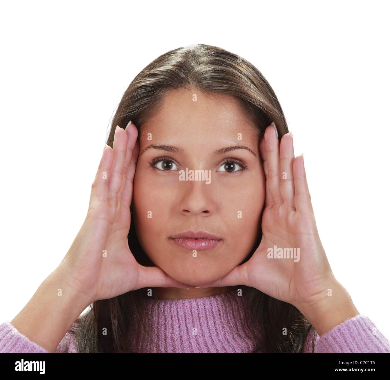 Young woman frame her face with palms Stock Photo Alamy
