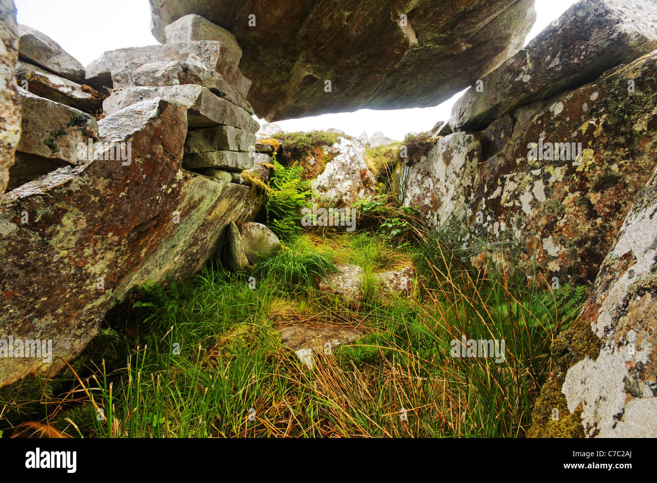Interior of the Cloghanmore megalithic tomb chamber, County Donegal, Republic of Ireland Stock Photo