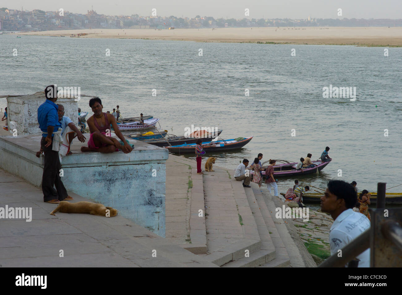 On the ghats of Varanasi (Benares) by the Ganges river. Stock Photo