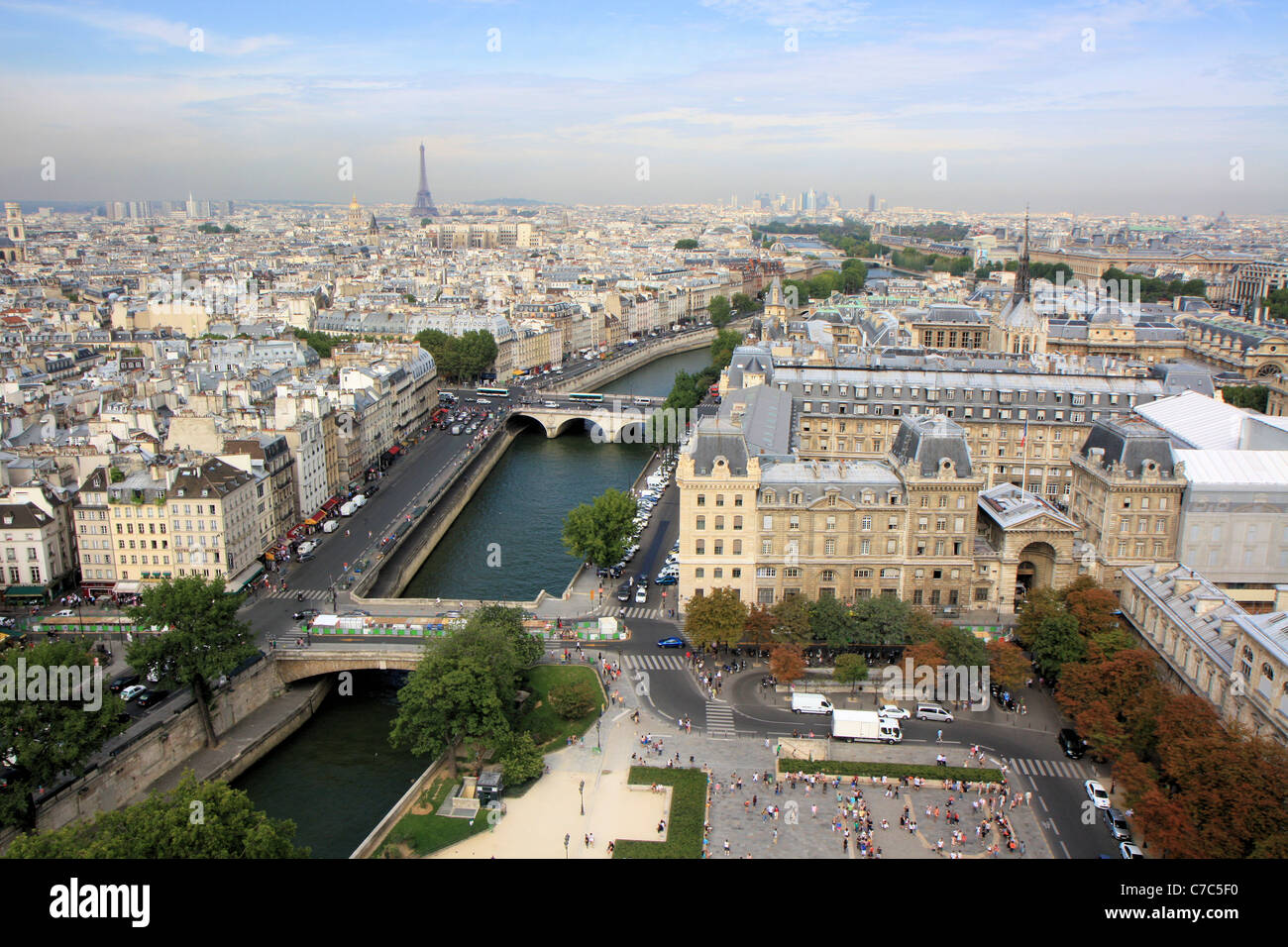 Aerial view of the Seine river from the tall towers of Notre Dame cathedral, Paris, France Stock Photo