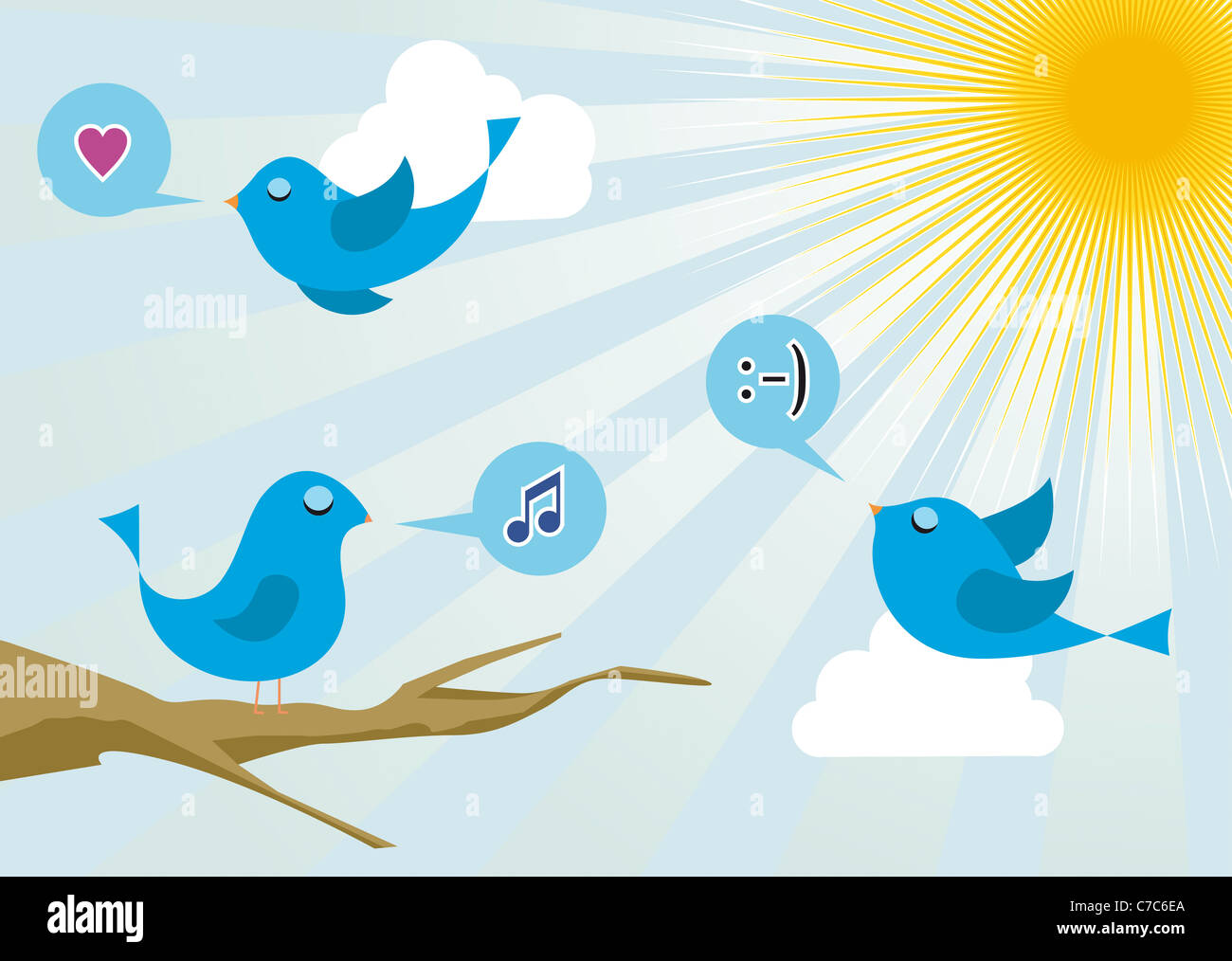 Twitter birds morning communication. Social media network connection concept Stock Photo