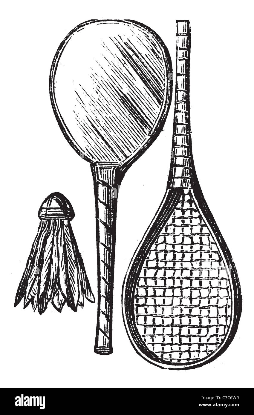 Two Rackets and shuttlecock, vintage engraving. Old engraved illustration of Two Rackets and shuttlecock. Stock Photo