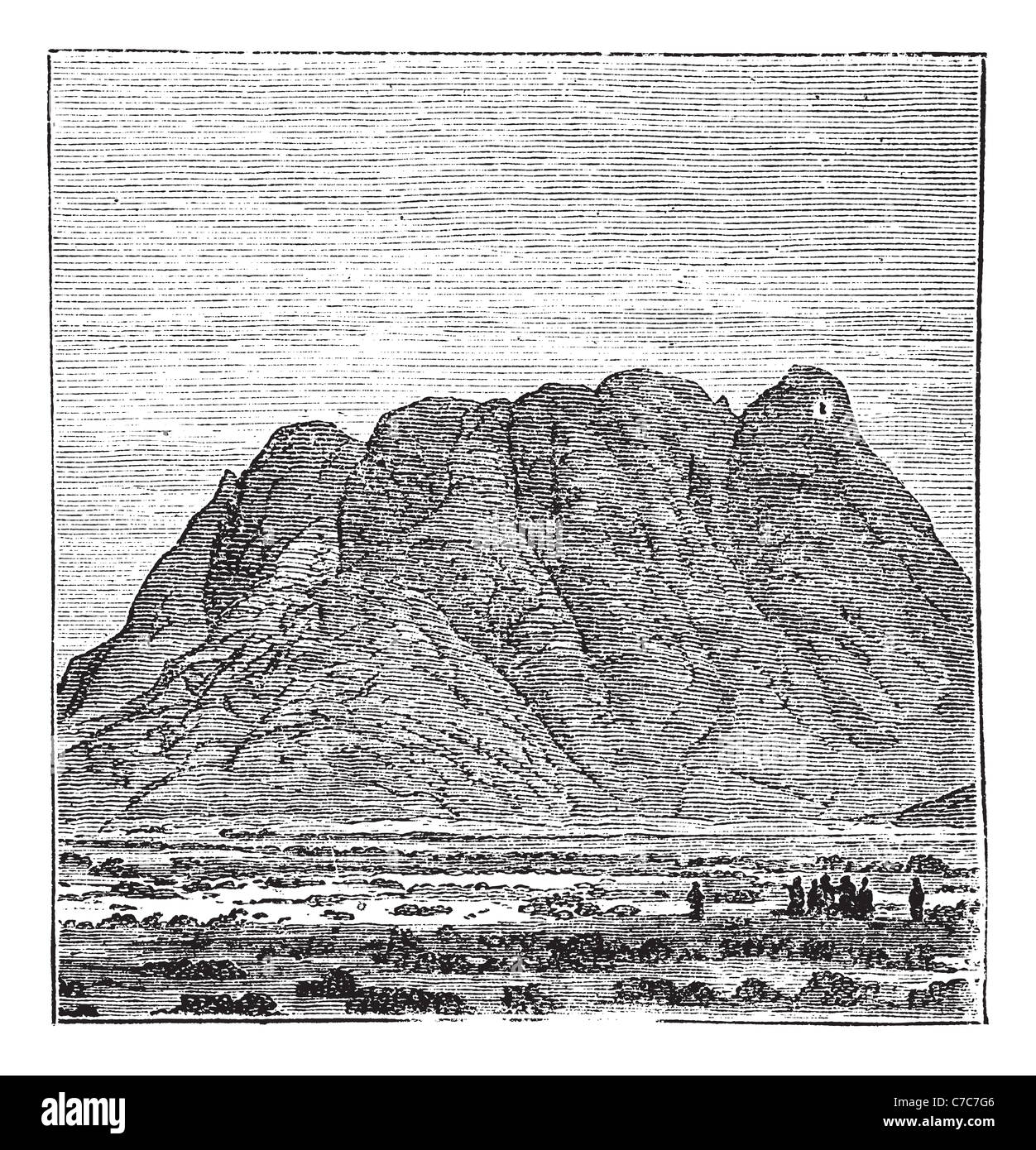 Mount Sinai in Sinai Peninsula, Egypt, during the 1890s, vintage engraving. Old engraved illustration of Mount Sinai. Stock Photo