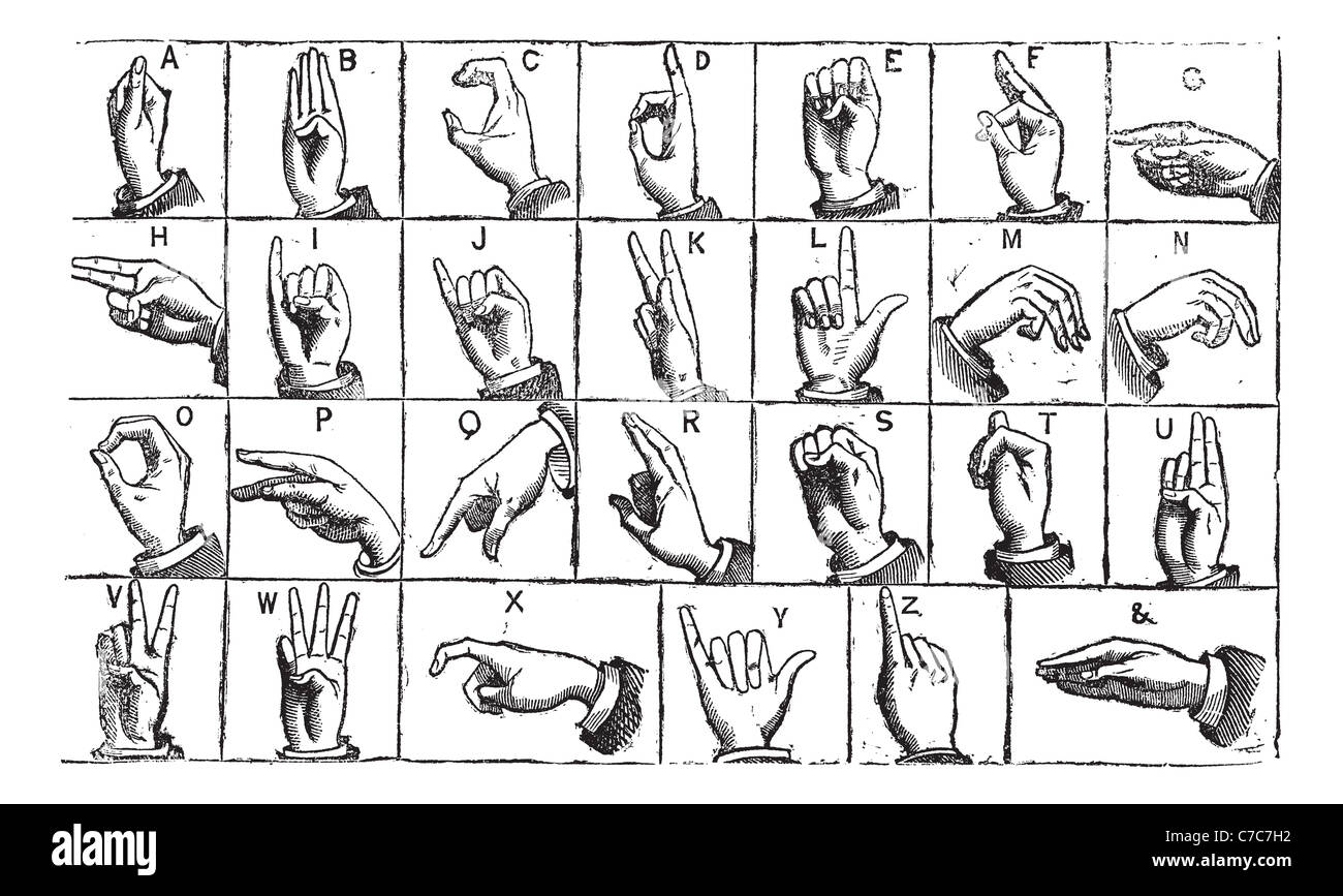 One-handed manual alphabets, vintage engraving. Old engraved illustration of One-handed manual alphabets of Deaf and Dumb. Stock Photo