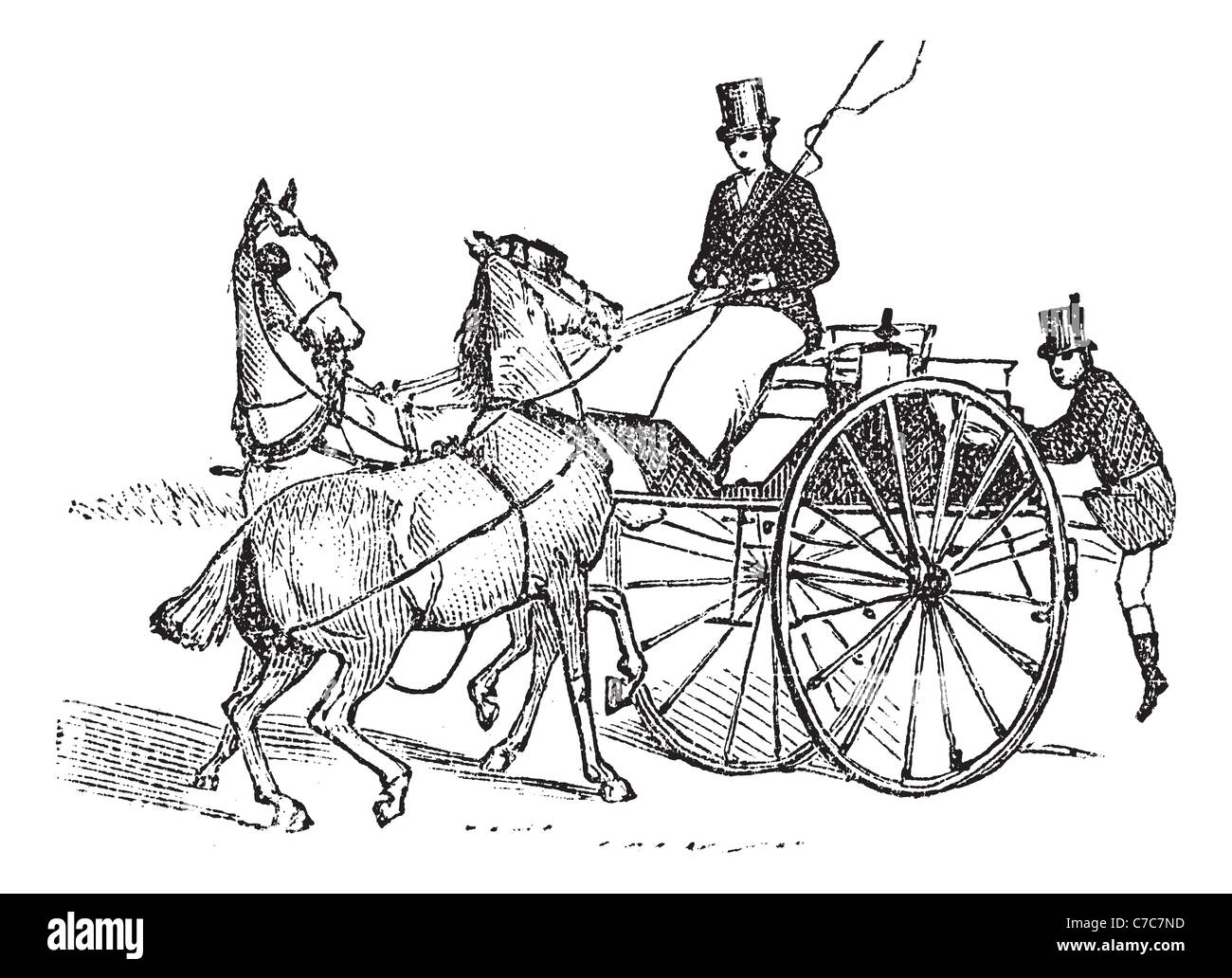 Tandem, vintage engraved illustration. Three horse-drawn carriage ...