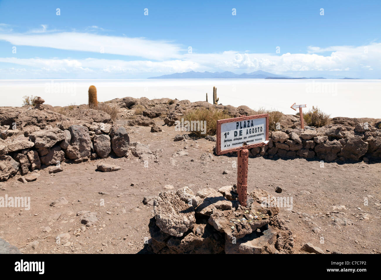 Plaza 1 August, Isla Incahuasi, Uyuni Salt Flats, Bolivia Stock Photo