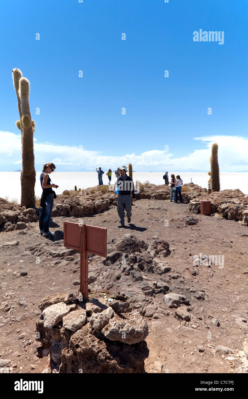 Tourists at Isla Incahuasi, Uyuni Salt Flats, Bolivia Stock Photo