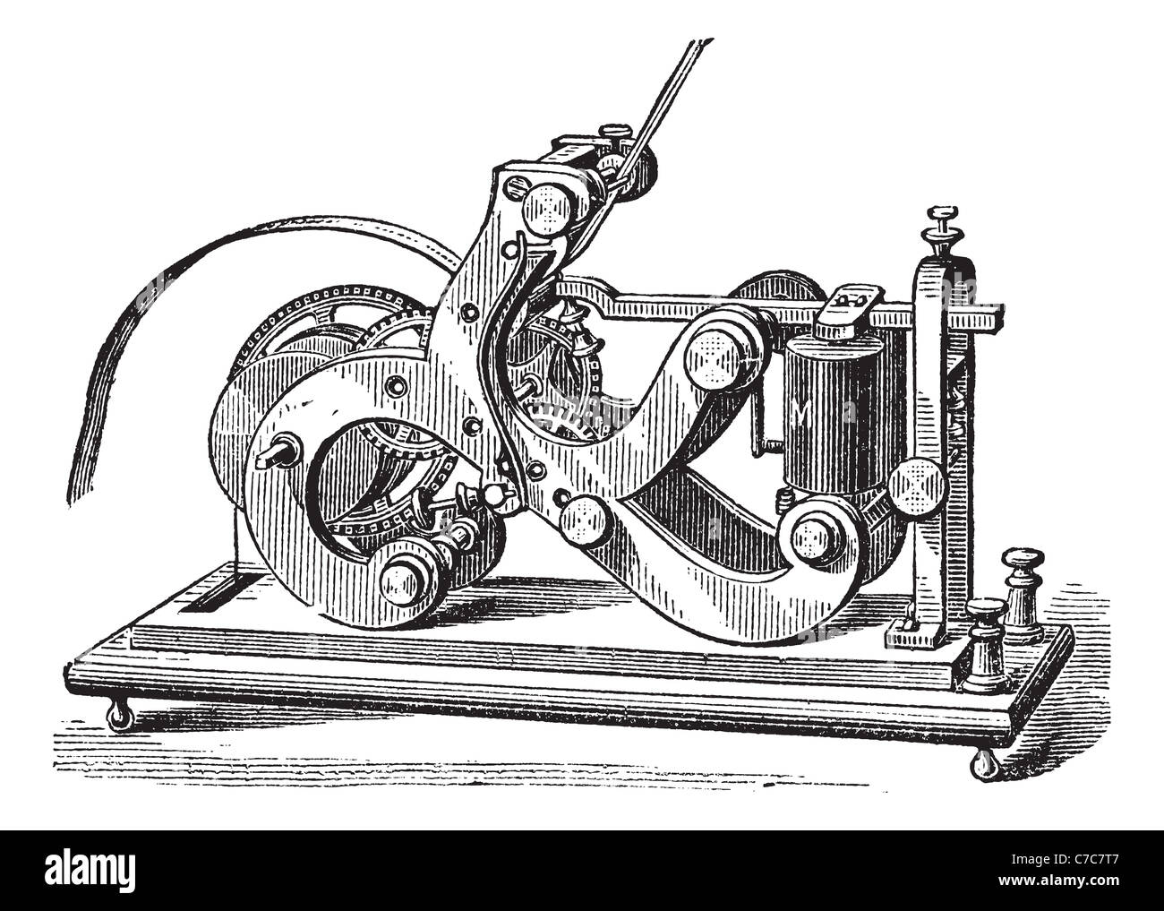 Fig. 11. Morse receiver. - A frame, L, Lever, M, electromagnet; P, paper tape, SS, Screw, vintage engraved illustration. Stock Photo