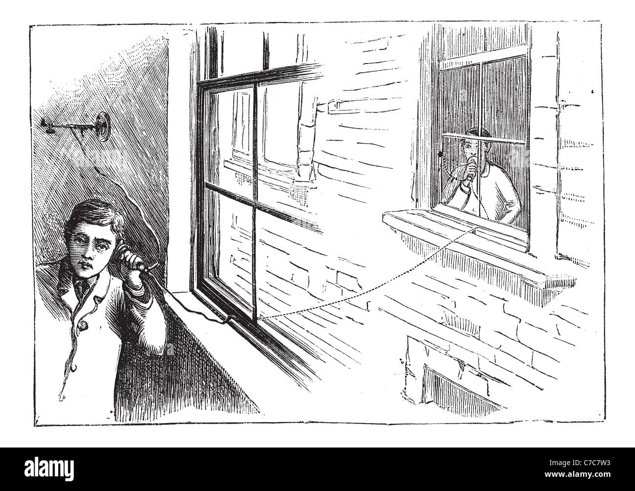 Fig. 5. - Communication via the telephone Magnetic Bell, vintage engraved illustration. Trousset encyclopedia (1886 - 1891). Stock Photo