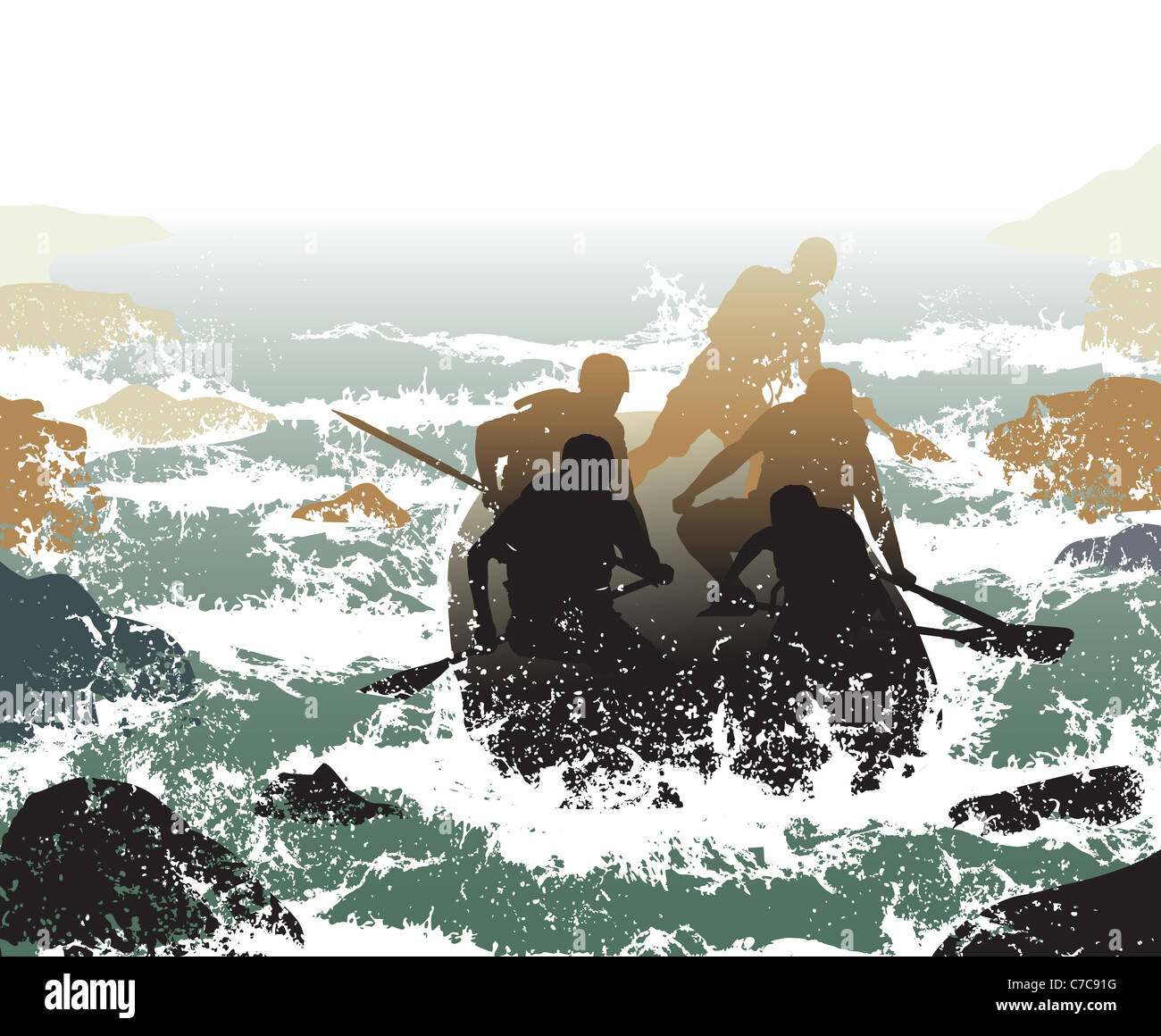 Illustration of people in a rubber dinghy going down whitewater rapids ...