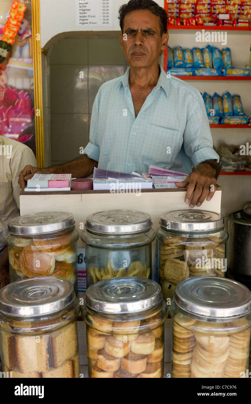 A street shop selling biscuits in Madurai, Tamil Nadu. Stock Photo