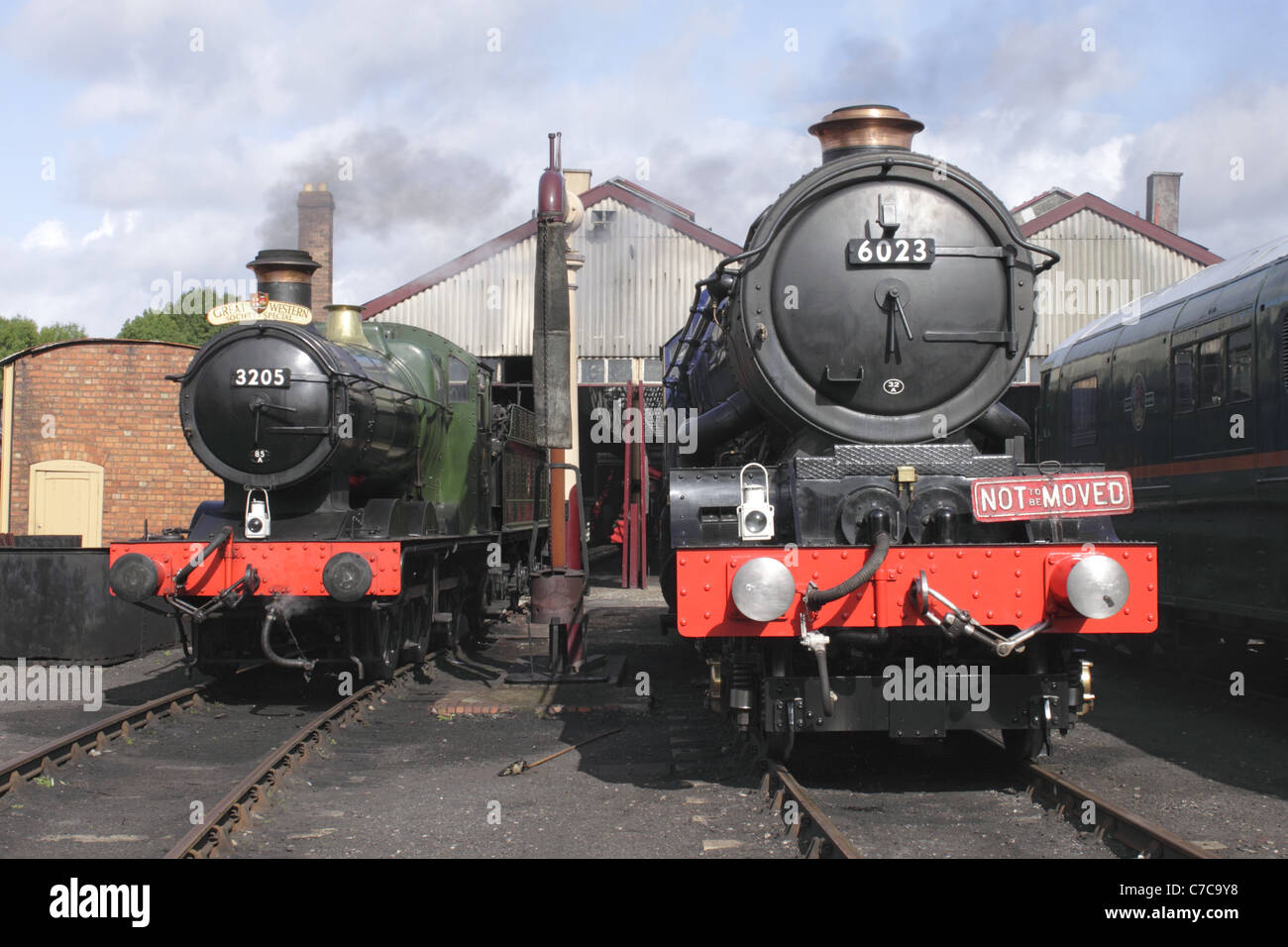 Steam locomotives BR Collett no. 3205 and GWR 4-6-0 No 6023 King Edward II at Didcot Railway Centre September 2011 Stock Photo