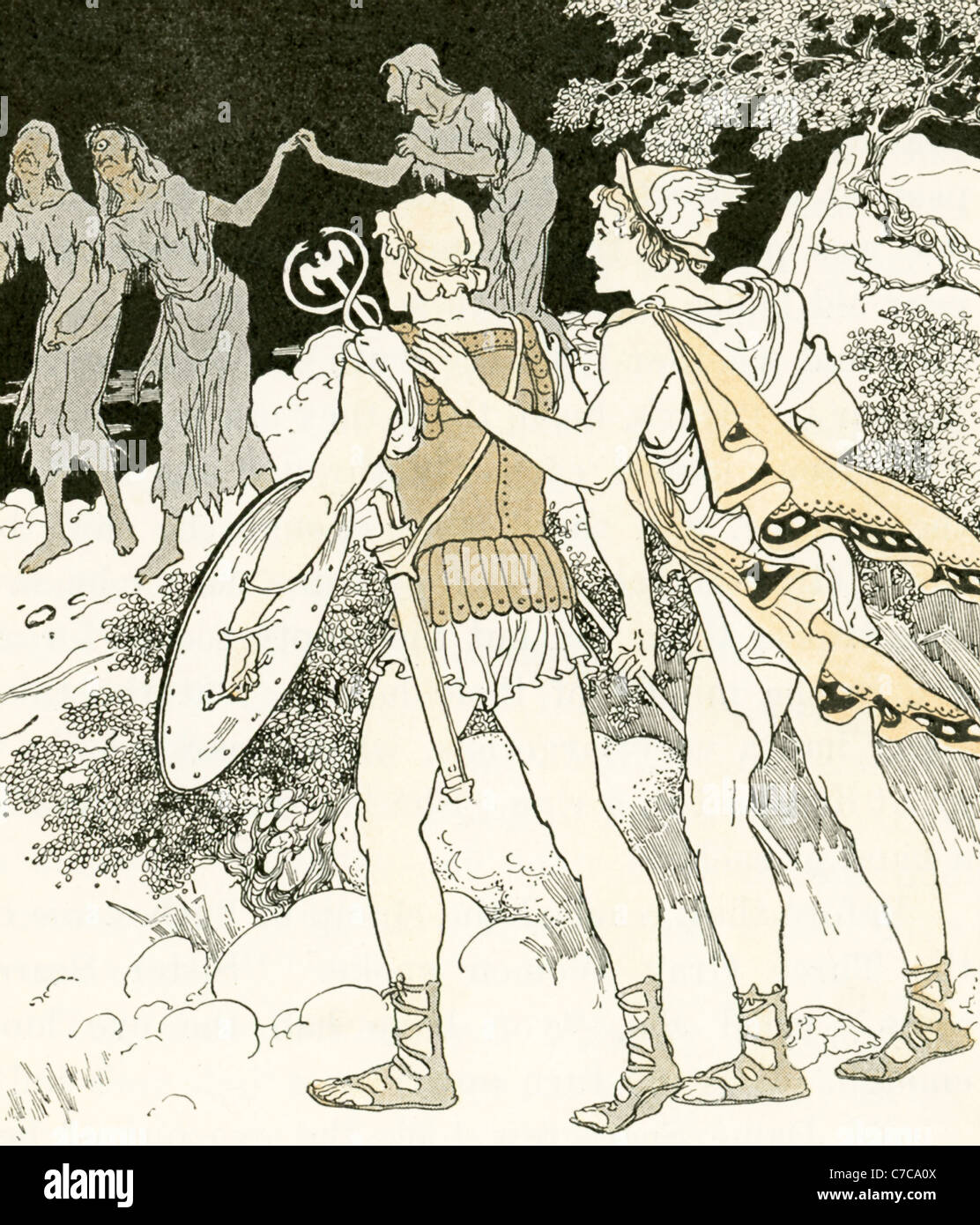 Perseus, with his guide the messenger god Hermes, seeks the three daughters of Porcus and Ceto who share a tooth and an eye. Stock Photo