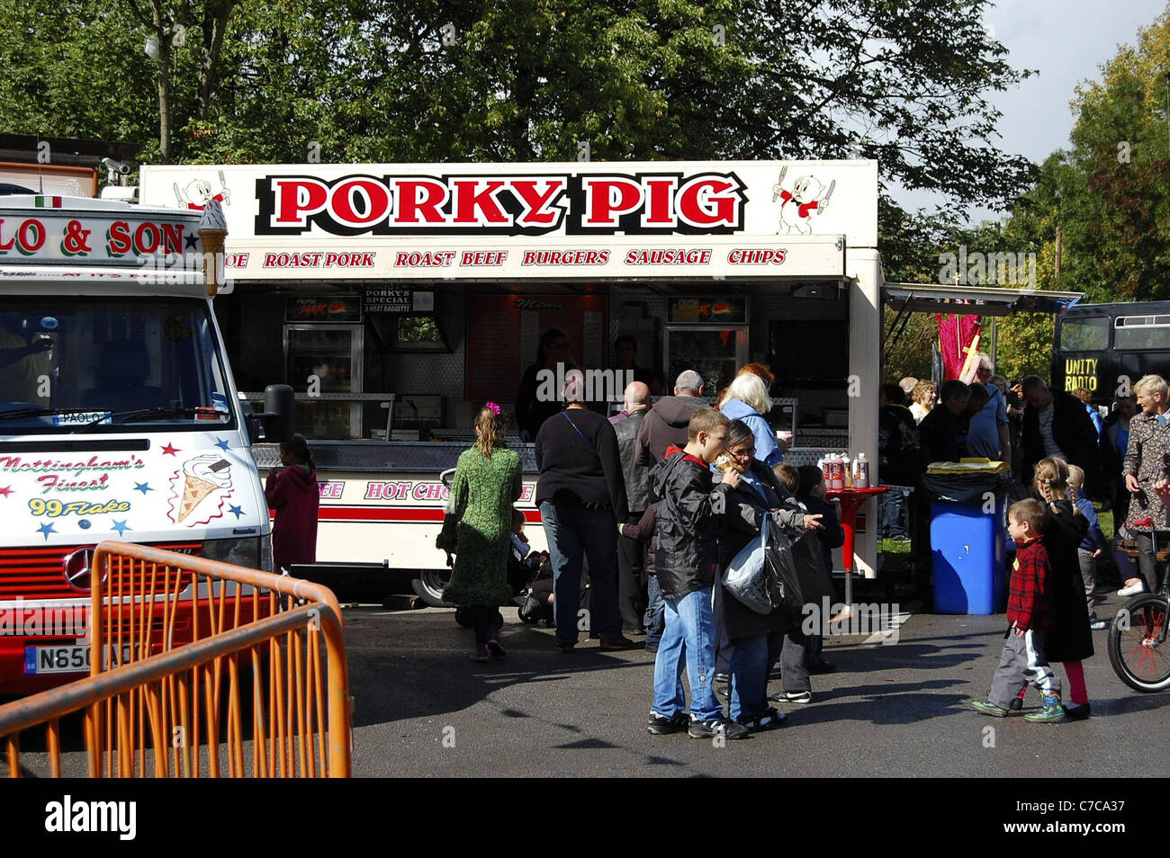 Hot food stall and ice cream van on Gorton pub car park serving
