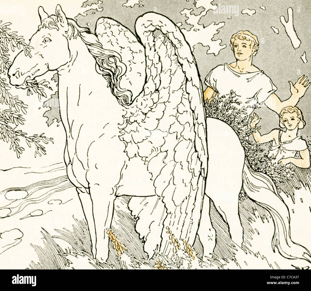 Bellerophon approaches the winged horse Pegasus, which he mounts with the help of the goddess Athena. Stock Photo
