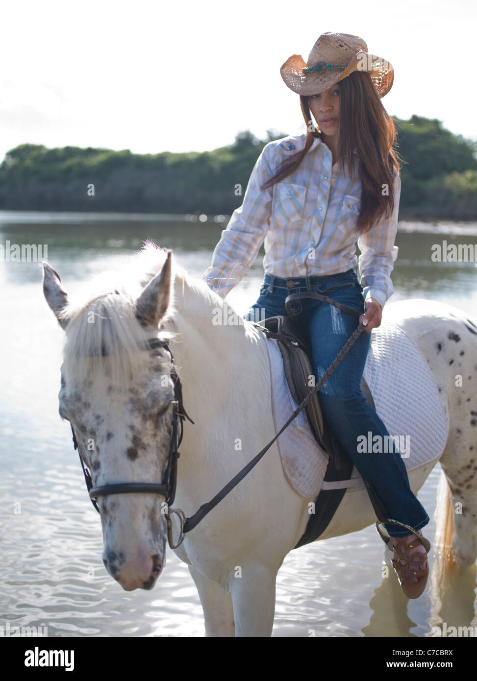 Cowgirl on horseback on beach Stock Photo