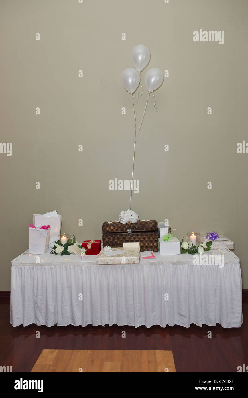 Table setup for presents and gifts at the wedding reception hall Stock Photo