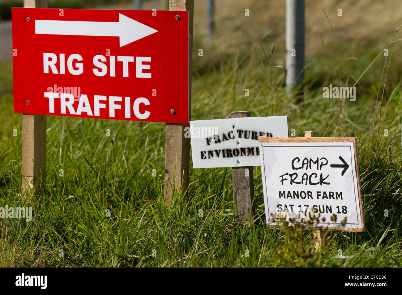 Camp Frack at Manor Farm; Rif Site traffic sign; Camp Frack_Protest Encampment & March against Hydraulic Water Fracturing & Shale-gas production at Becconsall, Banks, Southport. Stock Photo