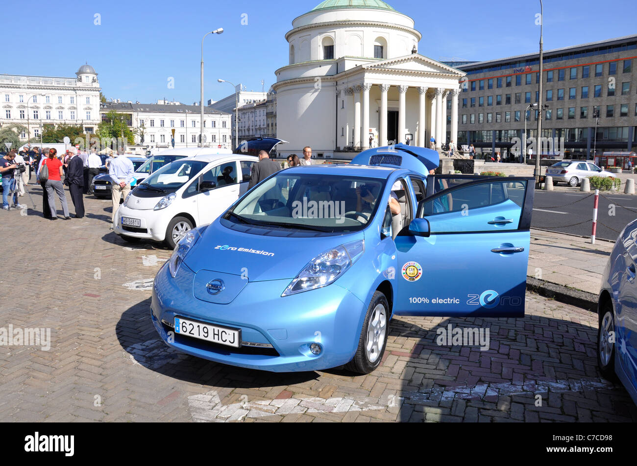 Electric cars (green eco vehicles) exhibit - Show, exhibition in Poland, Warsaw, 2011 - Nissan Leaf Stock Photo