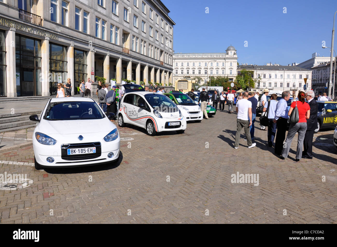 Electric cars (green eco vehicles) exhibit - Show, exhibition in Poland, Warsaw, 2011 - Electric cars in a row Stock Photo
