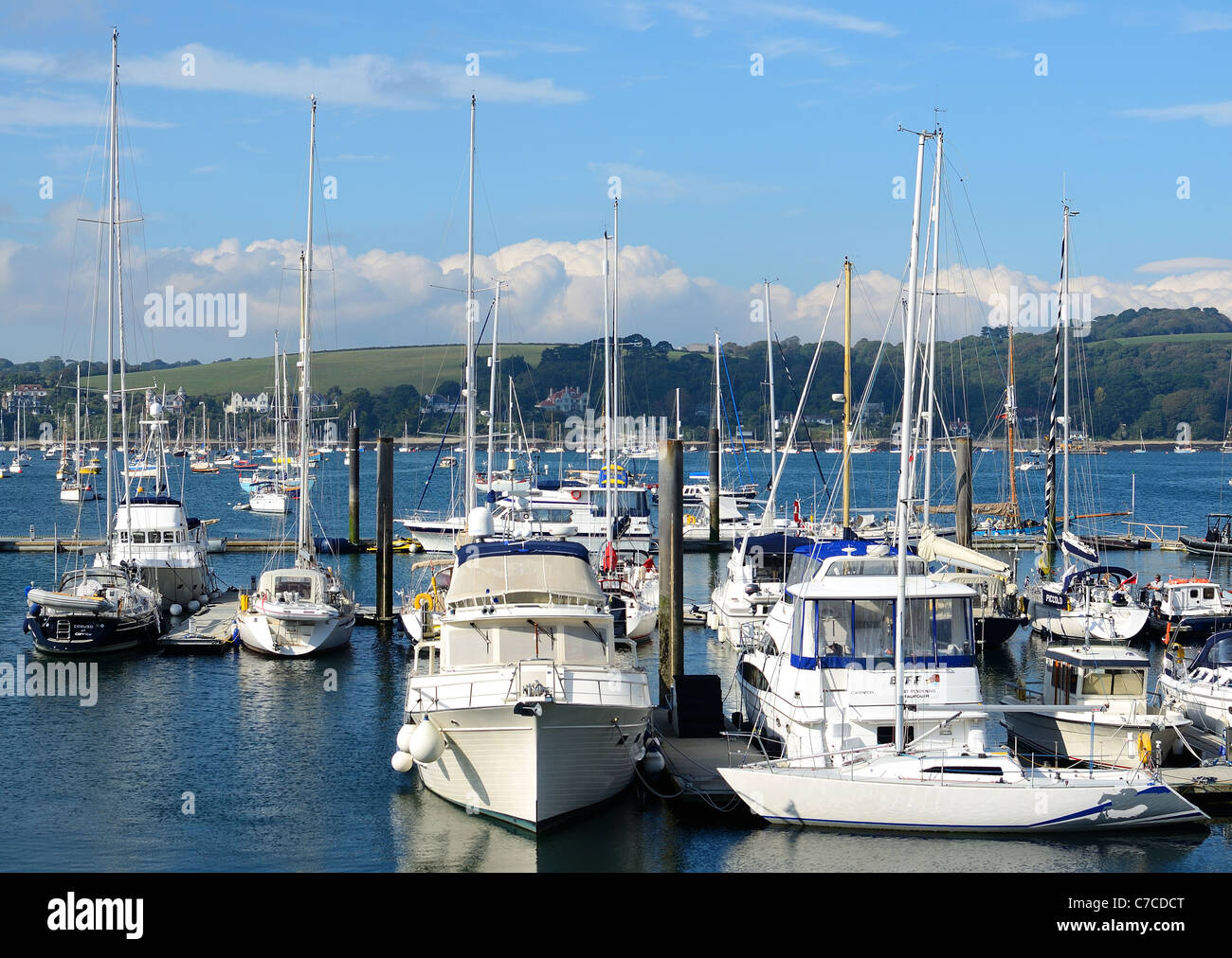 Pleasure boats moored in the marina at the port of Falmouth, Cornwall, UK Stock Photo