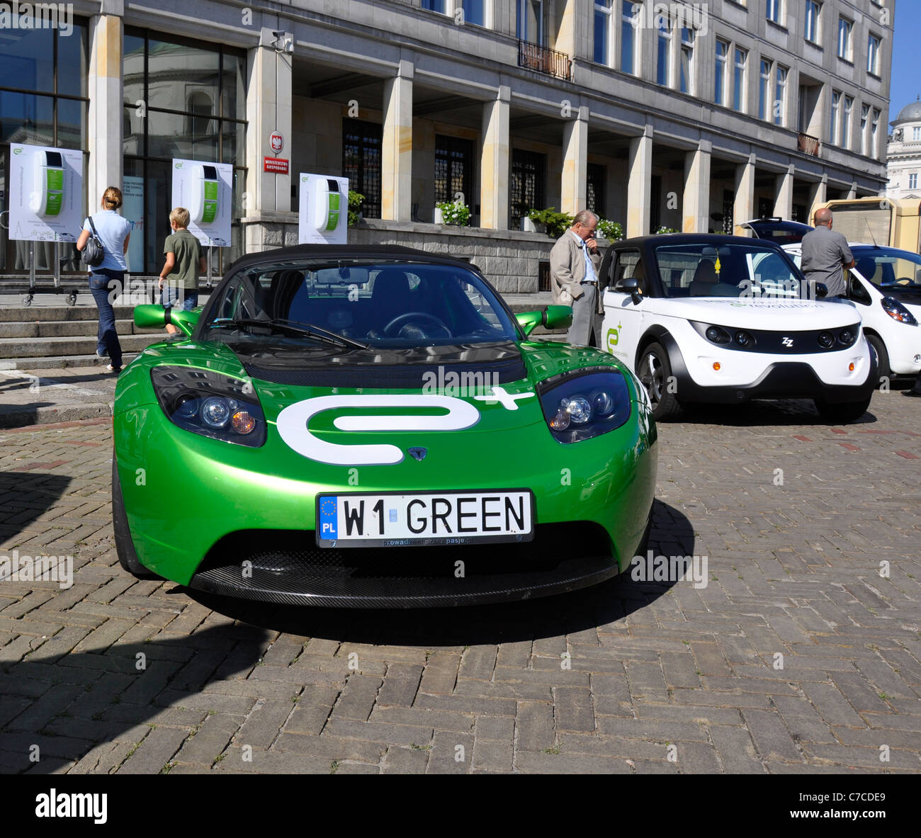 Electric cars (green eco vehicles) exhibit - Show, exhibition in Poland, Warsaw, 2011 - Tesla Roadster Stock Photo