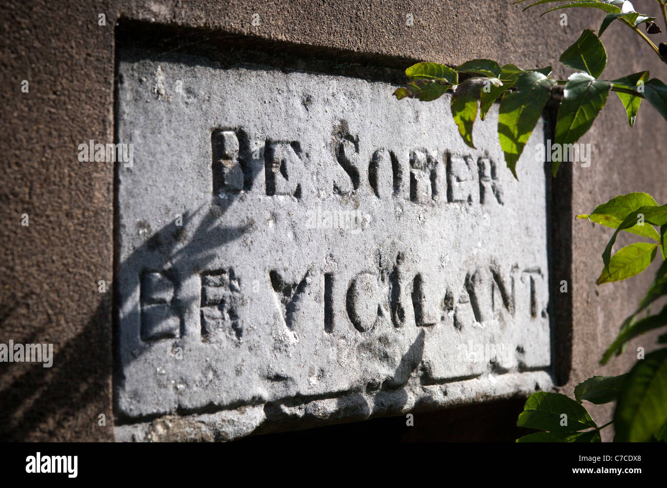 Be Sober Be Vigilant sign on the Old Lock Up or Blind House Gaol Shenley Stock Photo