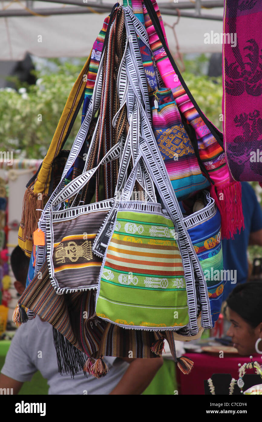 Handbags made by artisans on display for sale. Stock Photo