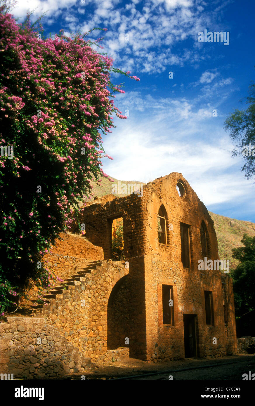 Hacienda San Miguel, the ruined former home of a mine manager in the Copper Canyon region of the Sierra Madre, northern Mexico Stock Photo