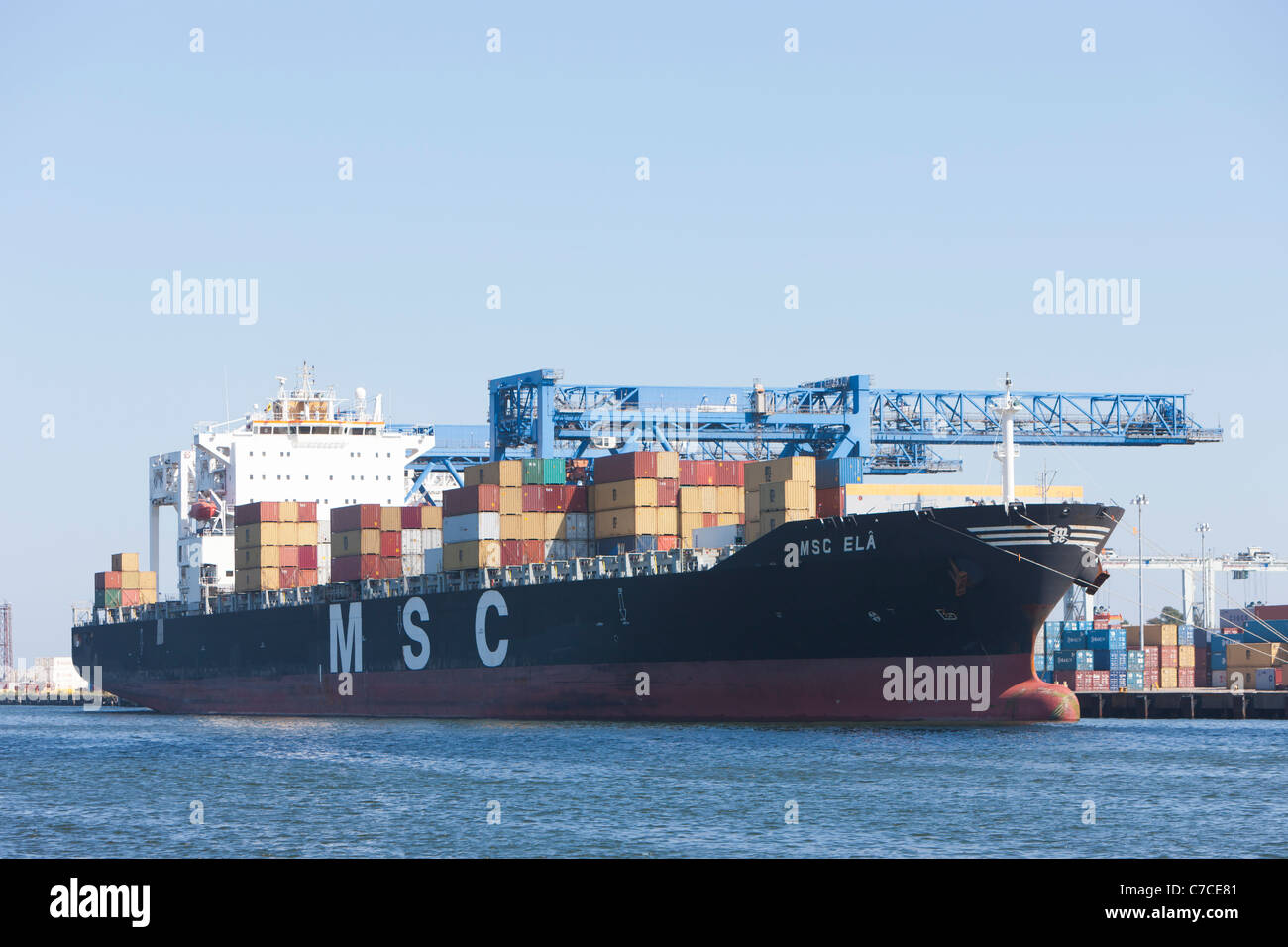 The MSC ELA container ship at the Paul W. Conley Terminal in Boston, Massachusetts. Stock Photo