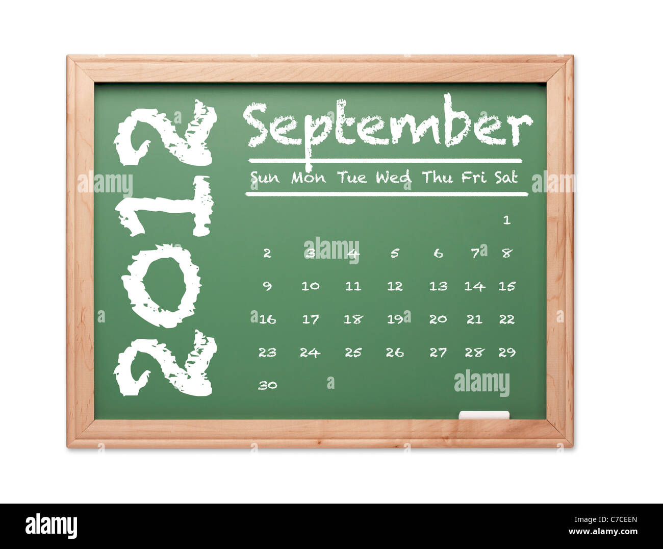 Month of September 2012 Calendar on Green Chalkboard Over White Background. Stock Photo