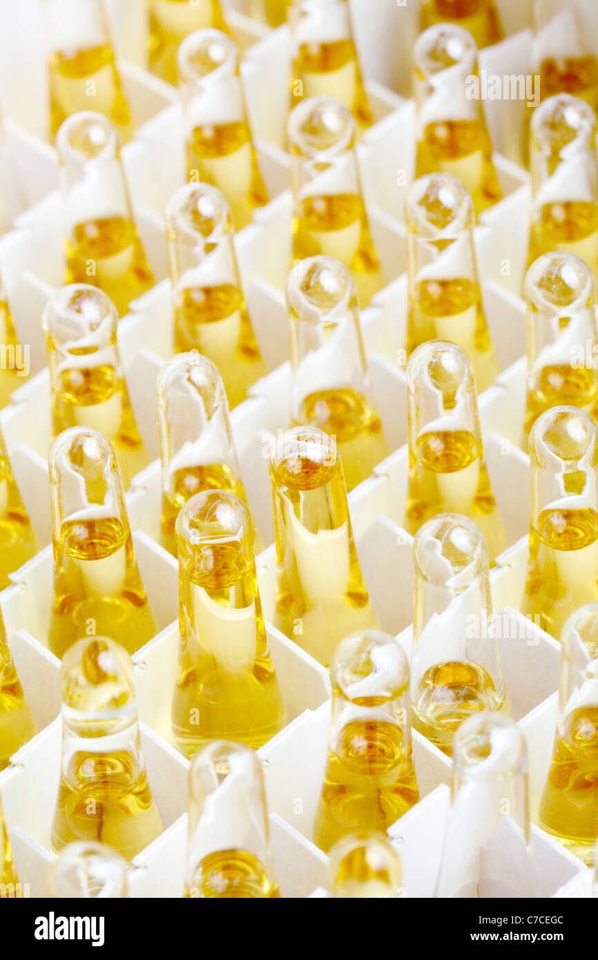 Glass ampules used to deliver pharmaceuticals in a container ready for