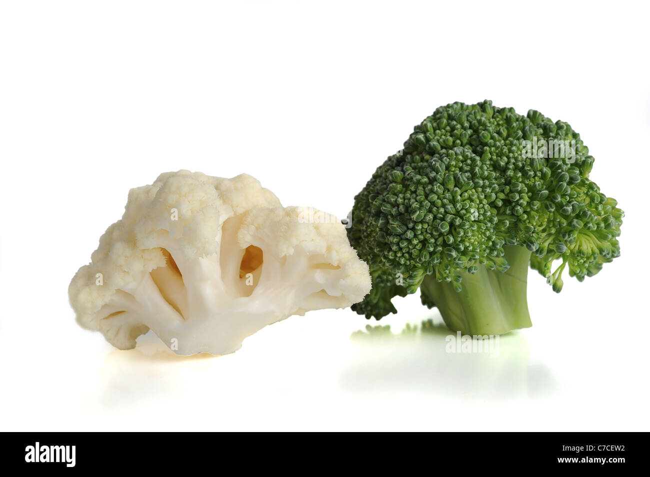 Extreme close-up image of a cauliflower and broccoli on white background Stock Photo